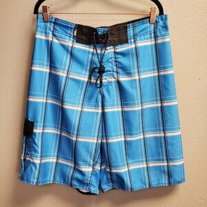 No Fear Board Shorts Mens Large Blue Plaid Swim Trunks Surf Drawstring Pocket